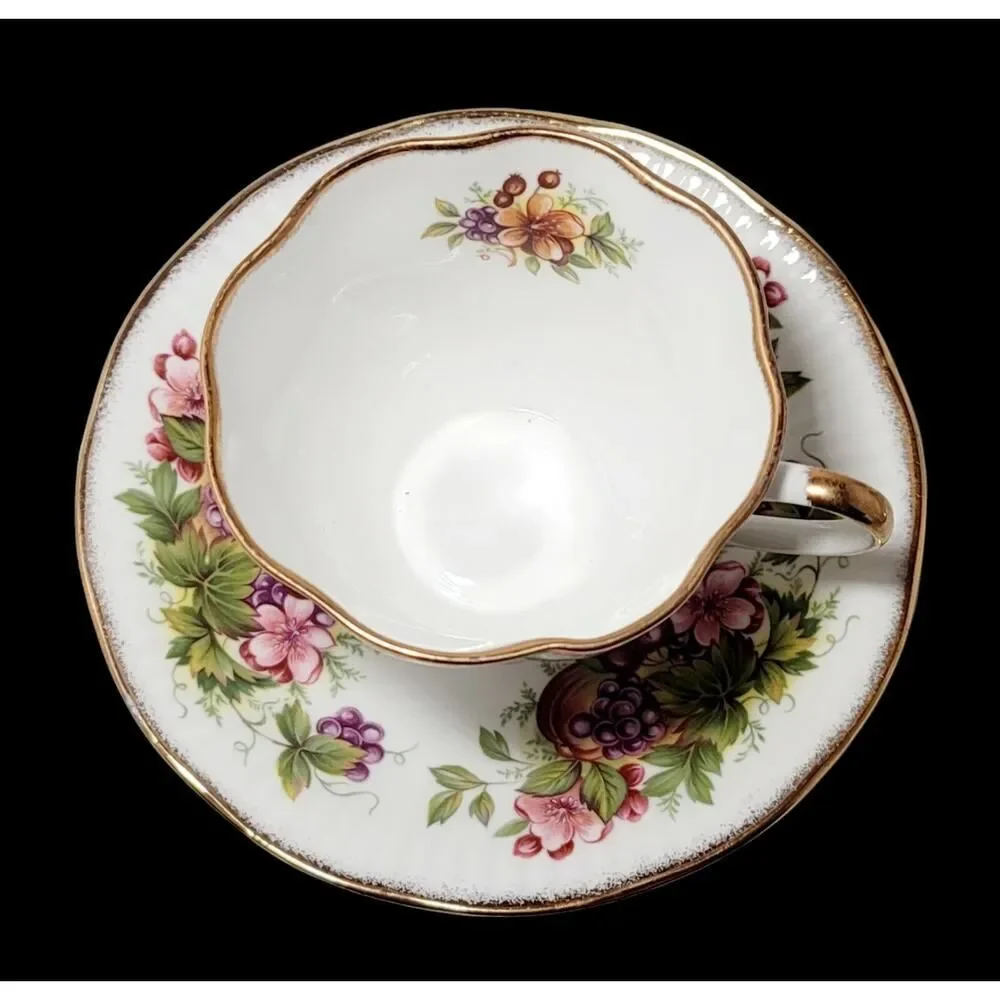 RARE VINTAGE ROYAL MINSTER TEA CUP AND SAUCER FINE BONE CHINA FLOWERS AND FRUITS